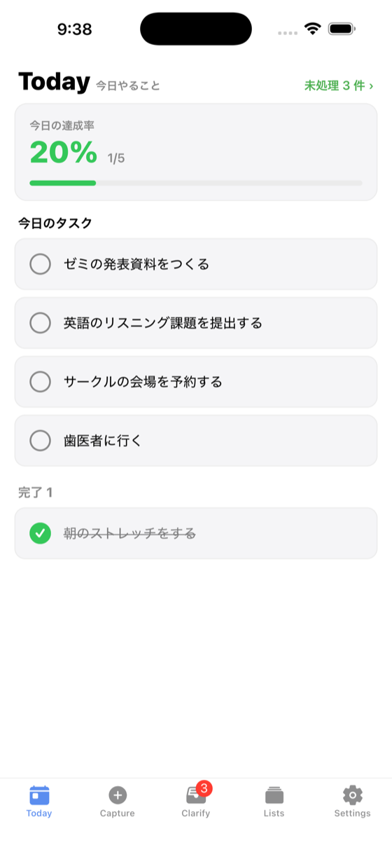 Today画面：今日のタスクと達成率